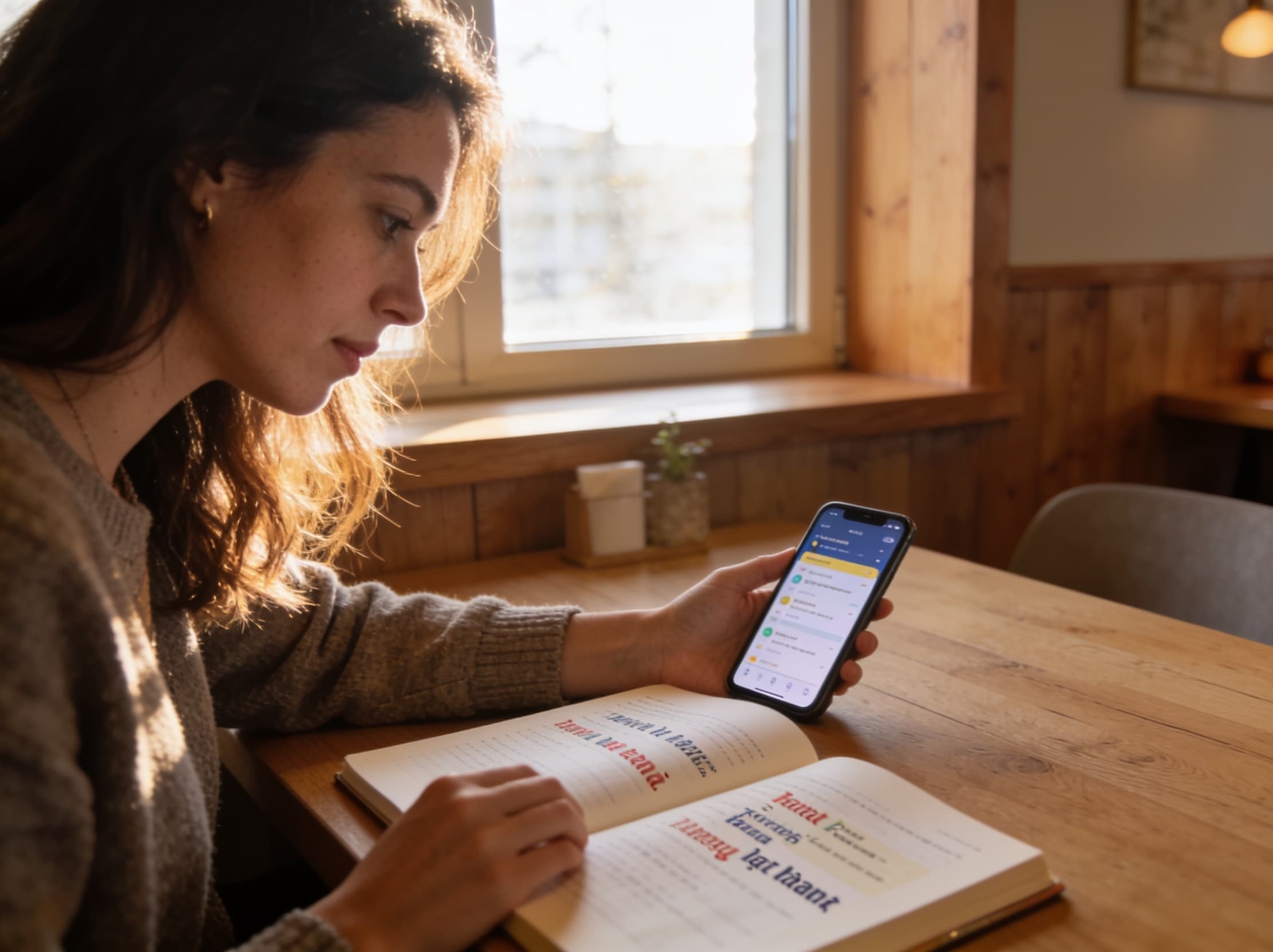 Learner studying Norwegian in a cosy café