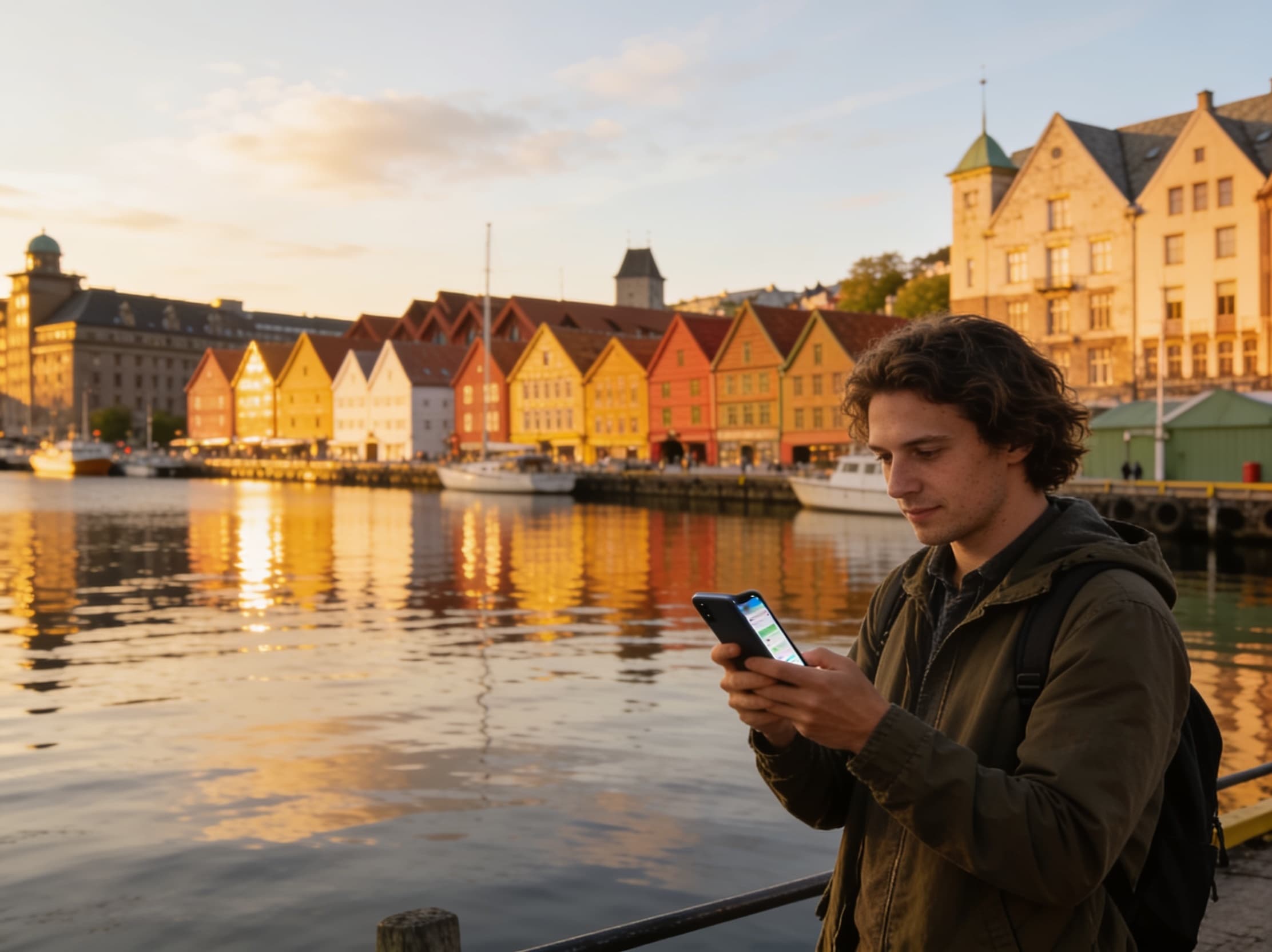 Person using OhoLingo on a phone at a Norwegian harbour