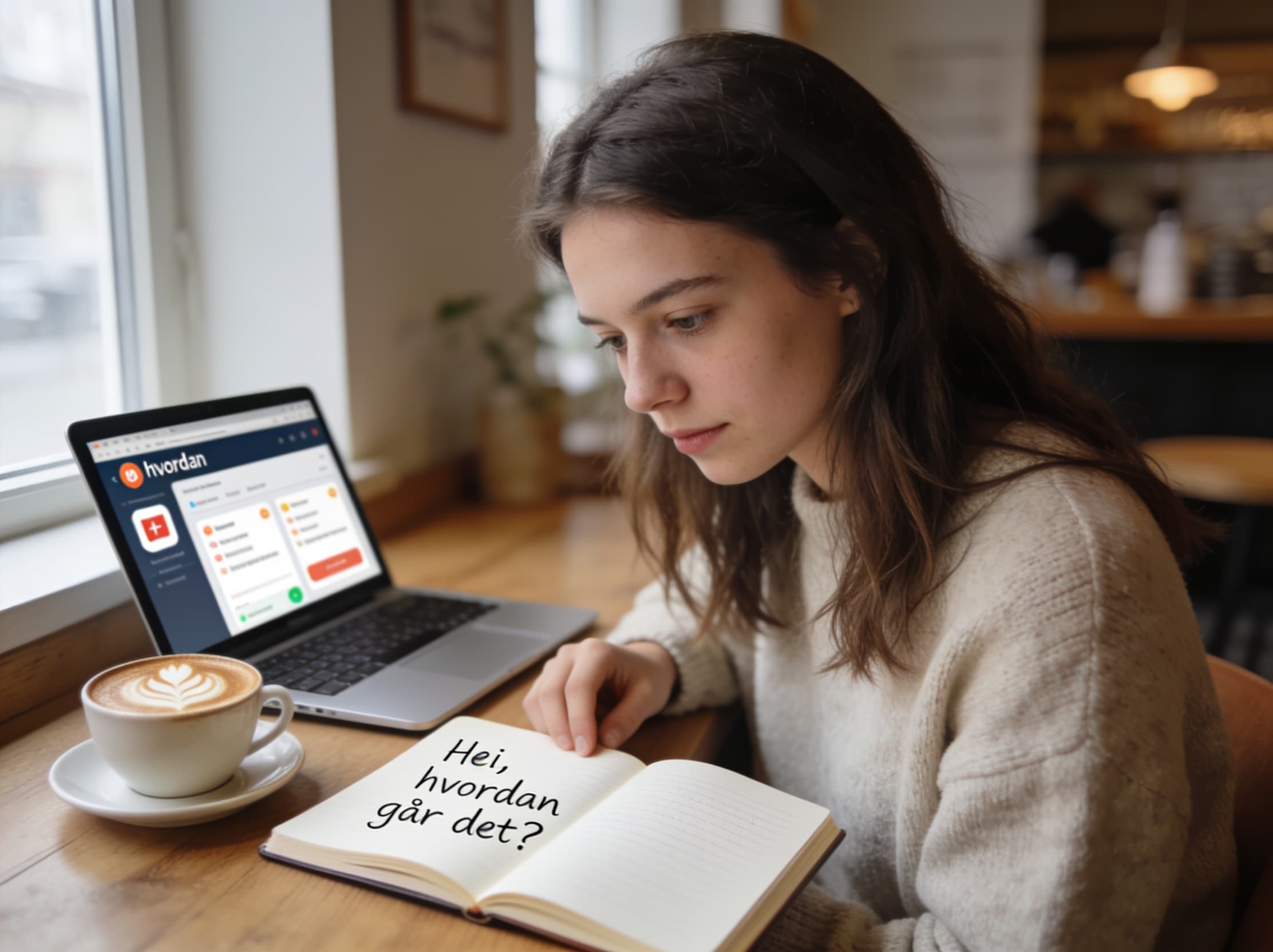 Learner studying Norwegian at a Scandinavian cafe