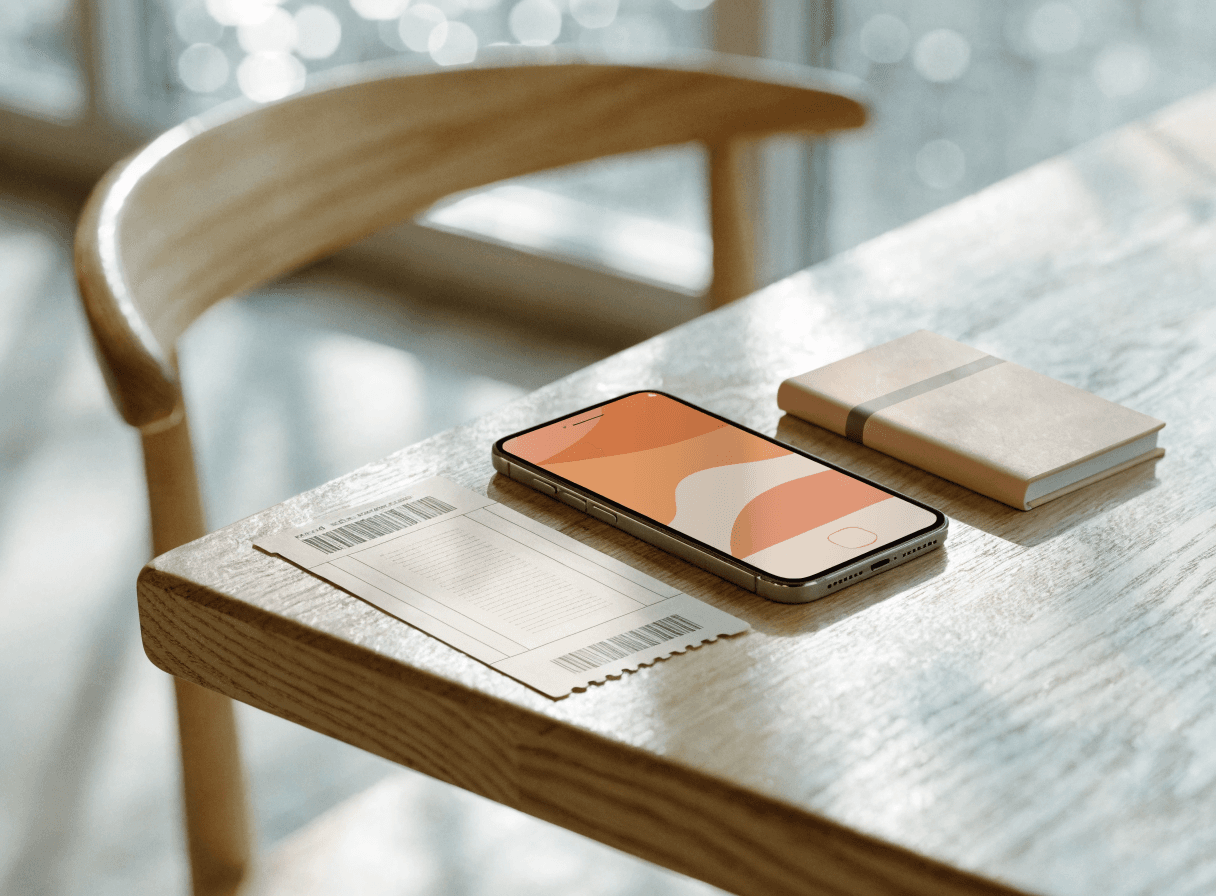 Norwegian lesson materials at a café — cinema ticket, phrasebook, and smartphone